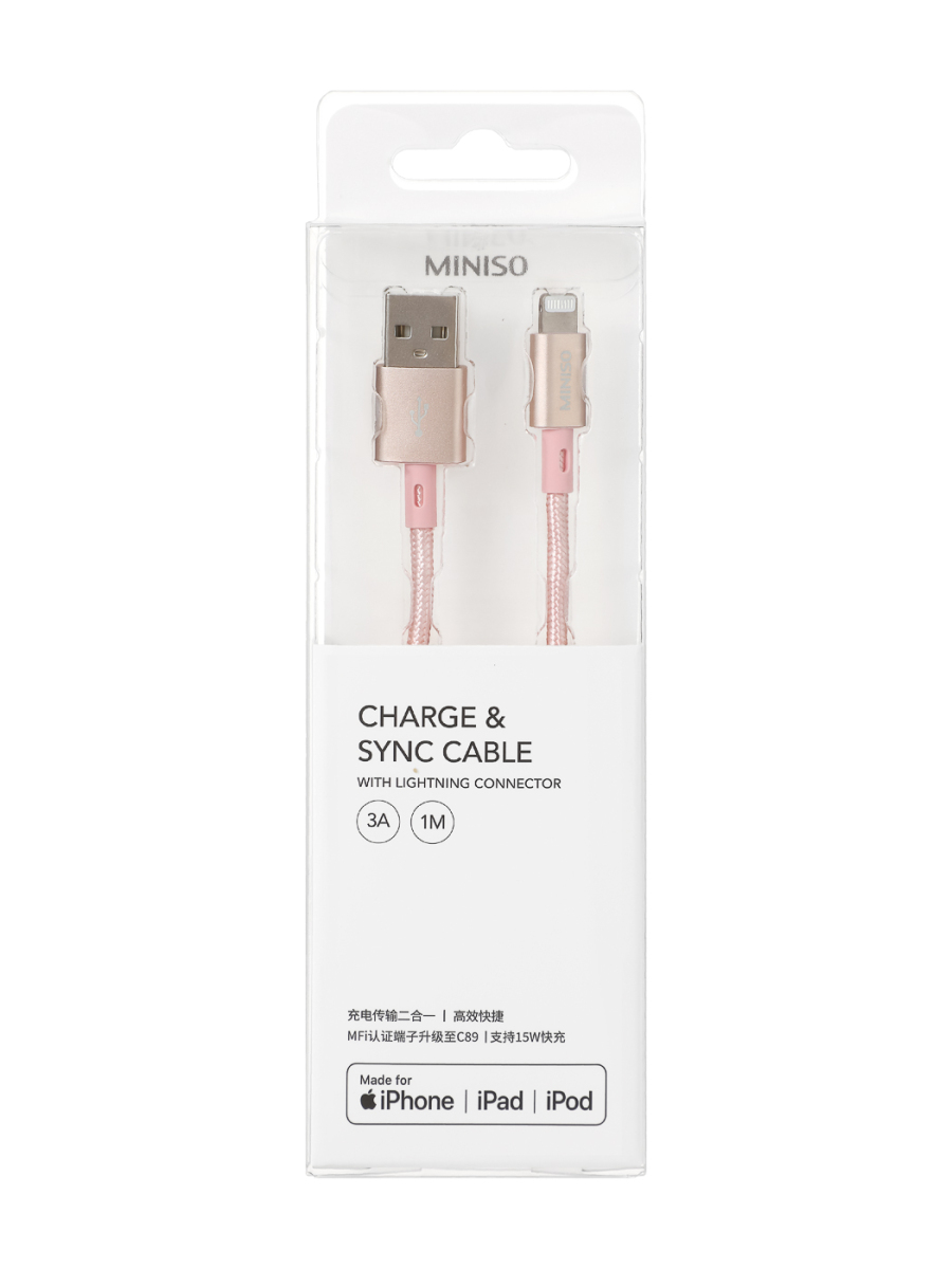 USB სადენი MINISO 1M BRAIDED FAST CHARGE CHARGE & SYNC CABLE WITH LIGHTNING CONNECTOR (ROSE